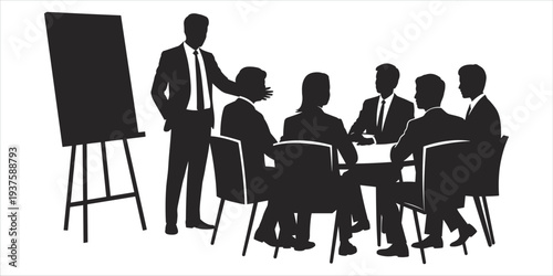 Silhouette of Business Meeting with Presentation Board and Attendees Keywords: business meeting, presentation, conference