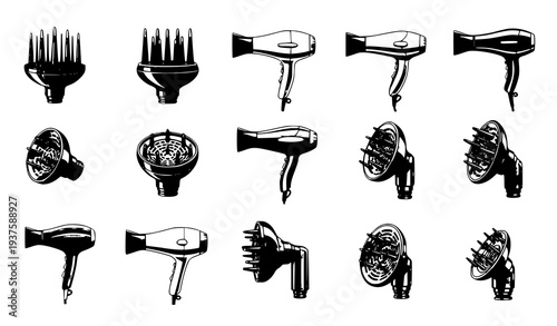 A collection of black and white hair dryer icons and illustrations