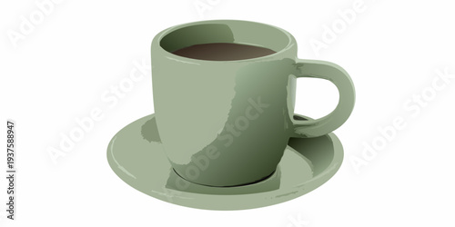 A pale green ceramic coffee cup with saucer filled with dark liquid