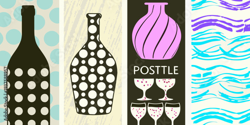Colorful patterned vases and wine glasses on a striped background
