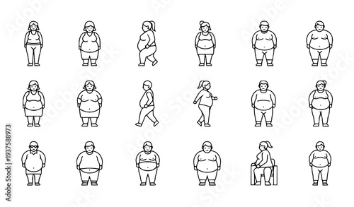 A set of vector illustrations depicting obese people in various poses and activities