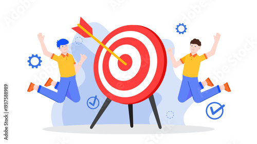 Two happy men jumping in celebration in front of a giant target with an arrow in the bullseye
