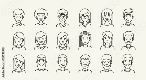 Diverse People Avatars Set: Men, Women, Elderly, Young - Line Art Icons