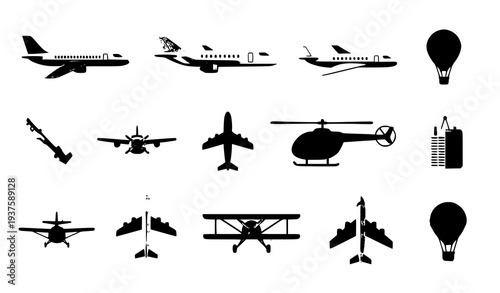 A collection of black silhouettes of various aircraft and balloons