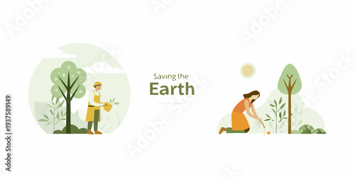 People planting trees and caring for the environment saving earth