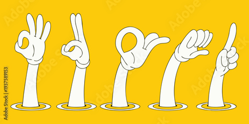 Five cartoon hands displaying different hand gestures on yellow background