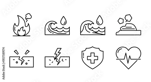 Set of Icons Representing Natural Disasters and Health Risks