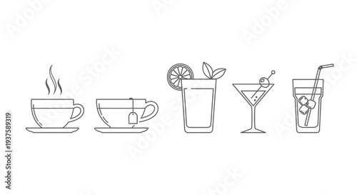 Set of Line Art Icons: Hot Coffee, Tea Bag, Cocktail, and Iced Drink