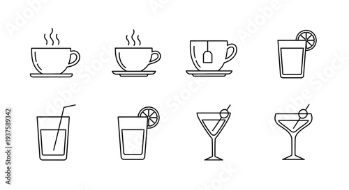 Set of Line Icons: Hot Drinks, Tea, Cocktails, and Juices in Glasses