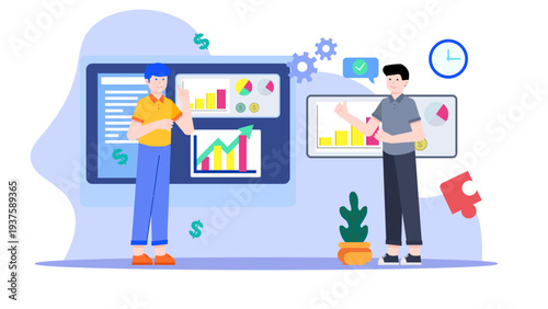 Illustration of two businessmen discussing data and charts to reach a formal agreement or deal