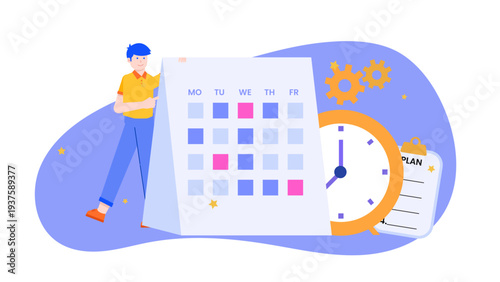A character standing next to a large calendar and clock to represent effective time planning and productivity
