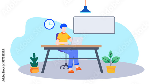 A professional setting showing a person working at a clean desk with a laptop and a whiteboard in the background