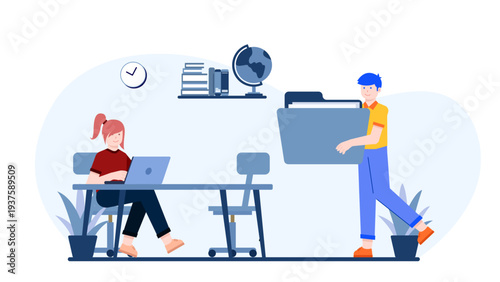 An employee carrying a large folder representing office workflow and efficient task organization