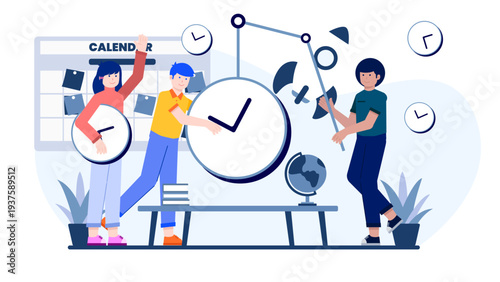 Team members collaborating around large clocks and a calendar to manage project deadlines