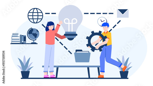 Business team holding a giant lightbulb and gear symbolizing creative brainstorming and innovation