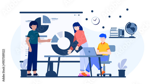 A diverse office team analyzing charts and data while collaborating on a new business project