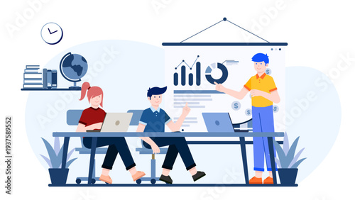 A young entrepreneur presenting financial data and charts to a team of potential investors