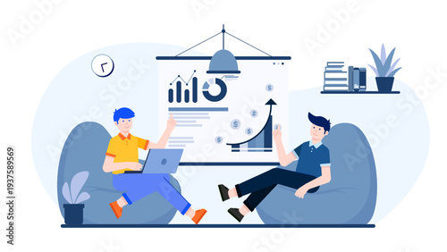 Two professionals sitting in bean bags discussing an upward financial trend on a presentation board