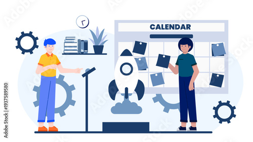 A team coordinating tasks on a calendar and launching a rocket project in the workspace