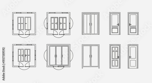 Architectural Drawings: Doors and Windows Set, Top View and Front View