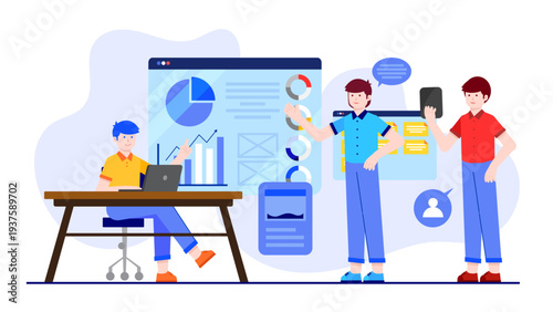 A flat design illustration showing a leader presenting data and analytics to team members in a modern office environment