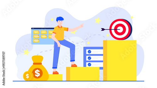 Illustration of a businessman climbing stairs toward a target representing growth, wealth, and milestone achievement