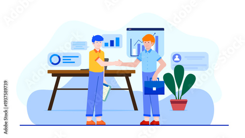 Two businessmen shaking hands in an office after a successful negotiation with data charts in the background