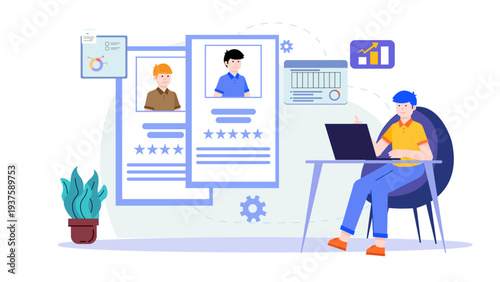 A manager reviewing digital employee profiles and performance ratings on a laptop