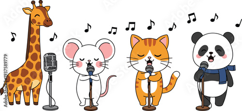 Cute Animal Singers Band with Giraffe Mouse Cat and Panda Singing with Microphone Music Cartoon Vector Illustration