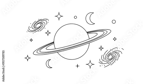 A minimalist vector illustration of Saturn surrounded by celestial bodies and stars