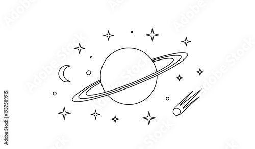 A minimalist vector illustration of a planet with rings and stars
