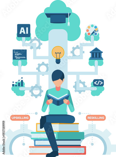 Person Learning New Skills with Skill tree in Background