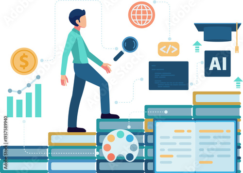 Man Climbing Book Stairs to Gain Knowledge