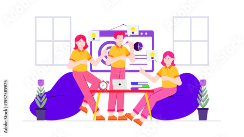 A group of business people sharing creative ideas and lightbulb moments in front of a digital dashboard