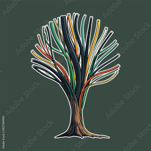 tree growing computer cables instead of branches, cyber nature concept.eps