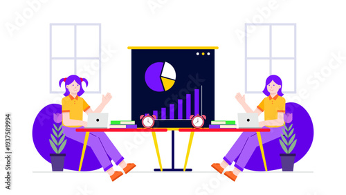Entrepreneurs working in a modern office environment with a large pie chart and bar graph dashboard in the background