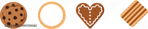 Cookie illustration set, chocolate chip, ring biscuit, heart gingerbread, square striped cookie, sweet snack, dessert vector, bakery art, food icon, pastry design