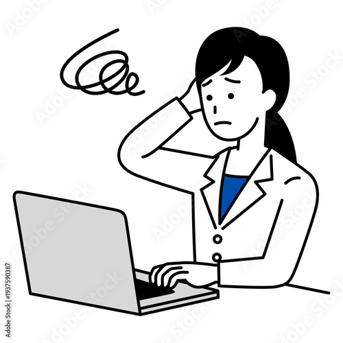 ノートパソコンでの仕事で困っている医師の女性