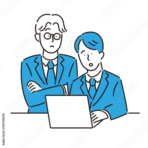 二人で真面目にパソコン作業をしているスーツ姿の男性のイラスト