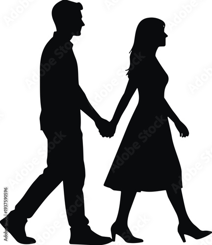 Couple silhouettes, walking together, love vector, relationship clipart, romantic design, unity icon, companionship graphic, social motif, partner illustration, bond art