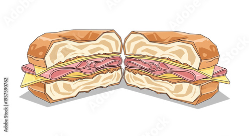 Delicious ham and cheese sandwich cut in half on white background