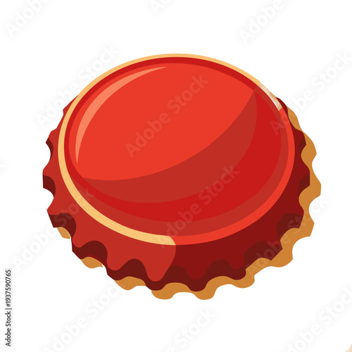 a red bottle cap or crown cap viewed from above, showing the circular top with a highlight reflection, crimped edges with a wavy pattern, and brown cork or liner visible underneath, rendered in a dime