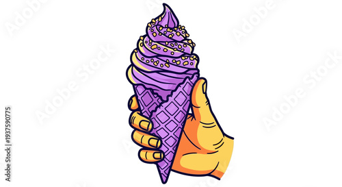 Hand holding purple ice cream cone with sprinkles