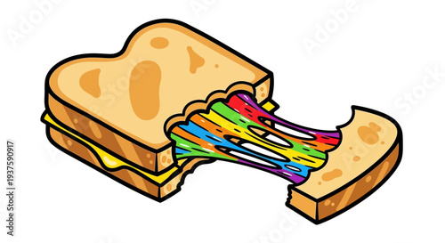 Vibrant rainbow sandwich with melted cheese and bite taken out