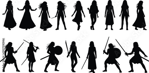 Female warrior and woman silhouettes collection, fantasy sword fighters and elegant ladies isolated on white background set