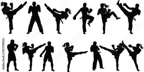 Karate and kickboxing silhouettes collection, martial arts fighters performing high kicks isolated on white background action set