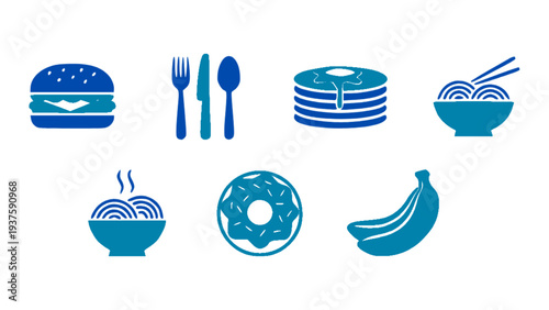 Simple blue food icon collection including burger, donut, noodles, pancakes, and banana in flat vector style.