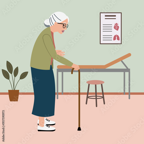 Senior lady with a walking cane in the doctor's office