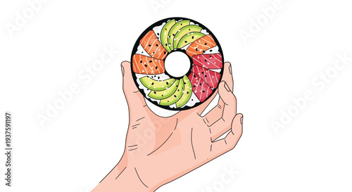 Delicious sushi and avocado dish held in hand