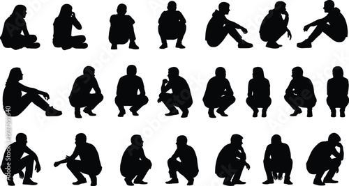 People sitting and squatting silhouette collection in various poses isolated on white background illustration set